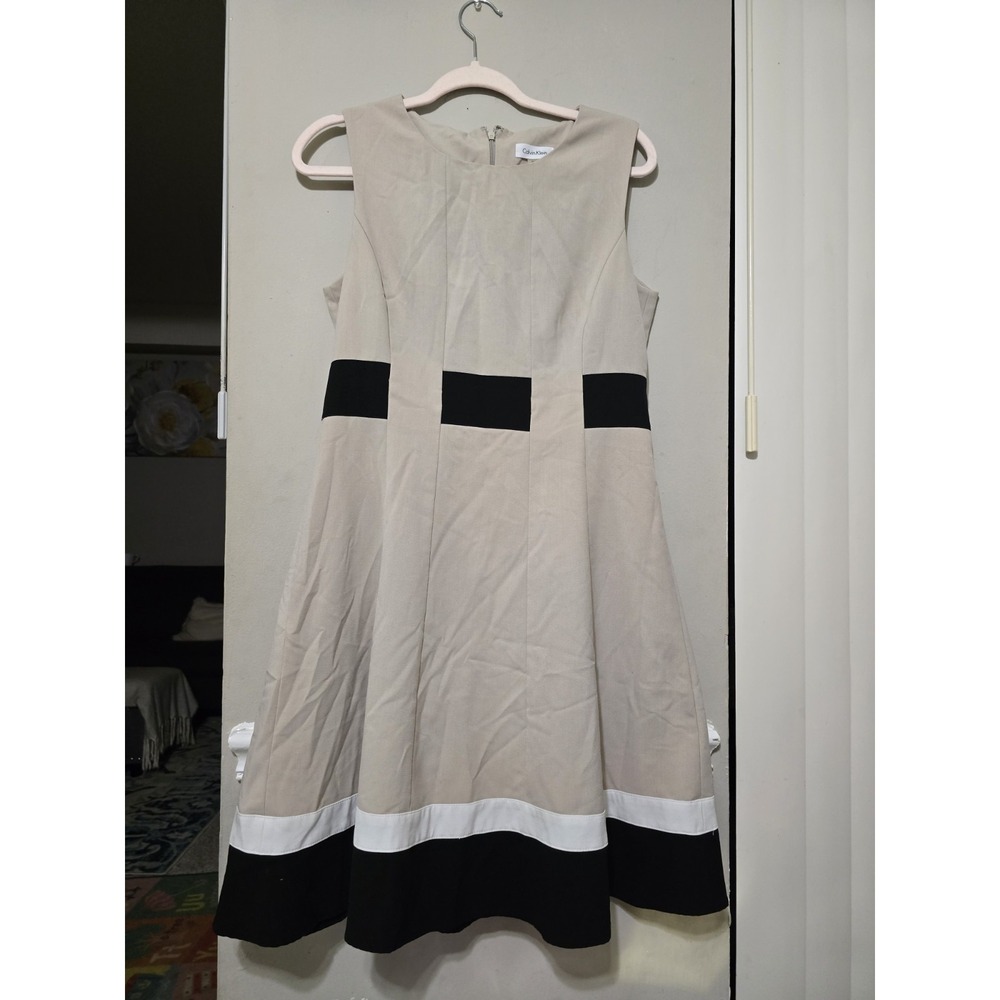 Calvin Klein Colorblock Beige Black White Boat Neck A-Line Knee Dress 10